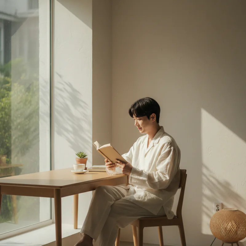창가 책상에서 편안하게 책을 읽는 사람
